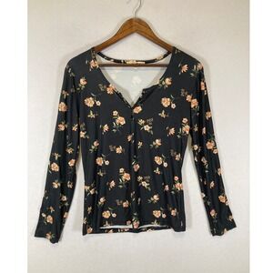 Cottagecore Everyday Basic Wishful Park Women Large Black Floral Henley Top